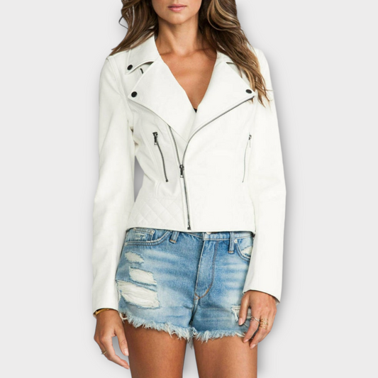 Lambskin White Leather Jacket For Women's Biker Jacket Leather Cropped Jacket Leather Coat Slim Fit Leather Jacket
