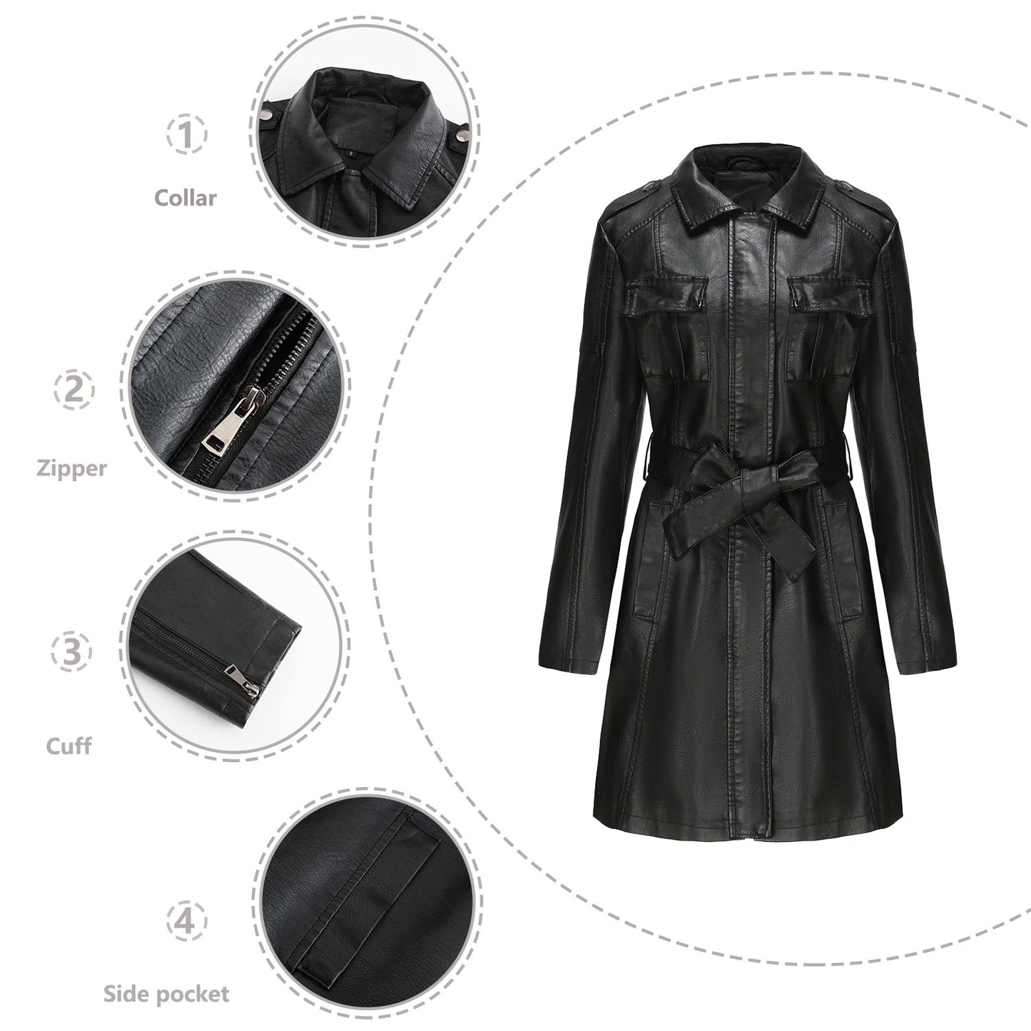 Custom Made Women's Bomber Jacket Mid Length Leather Coat With Belt Spring And Autumn Long Sleeve Windbreaker British Coat Women