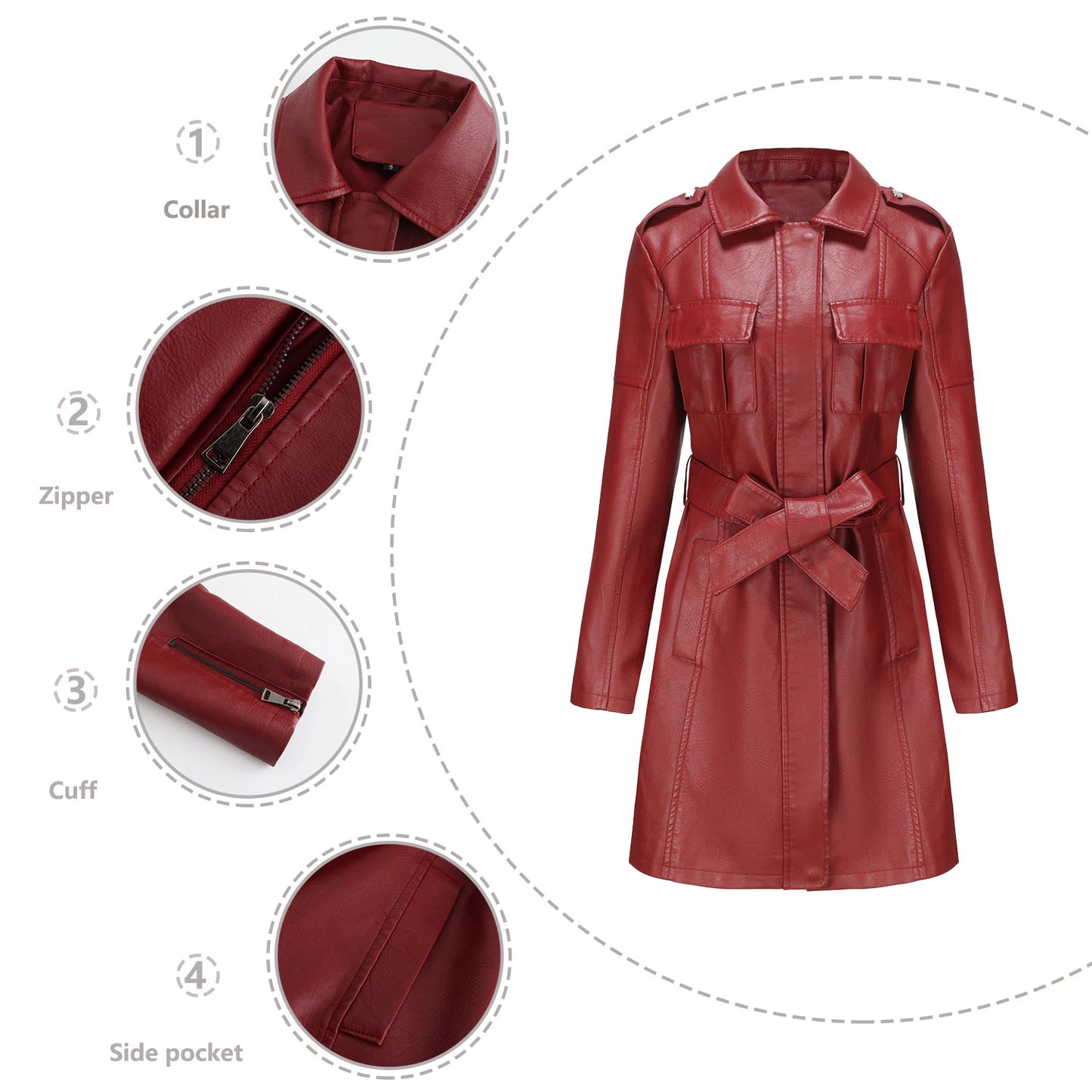 Custom Made Women's Bomber Jacket Mid Length Leather Coat With Belt Spring And Autumn Long Sleeve Windbreaker British Coat Women