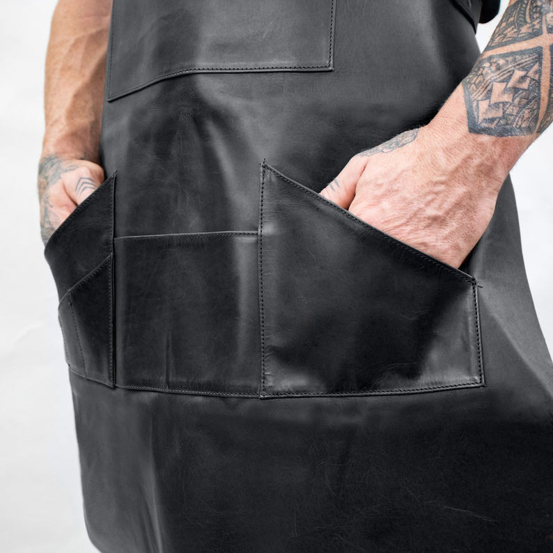 LINDSEY STREET Multi Pocket Leather Apron Top Grain Leather Butchers Apron Bib Barista Baker Bartender BBQ Chef Barber Uniform
