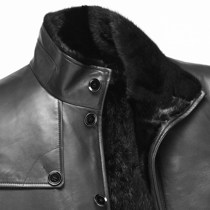 Premium Quality Leather Long Jacket for Mens Sheep Skin Leather Jacket with Woolen Lining Fur Collar Leather Jacket Mens Leather Overcoat