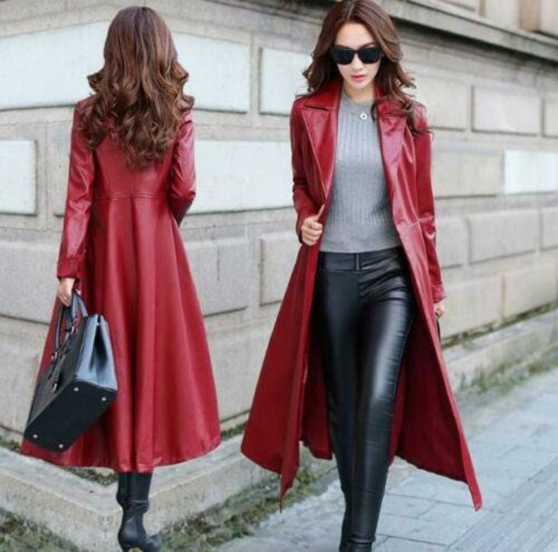 red leather trench