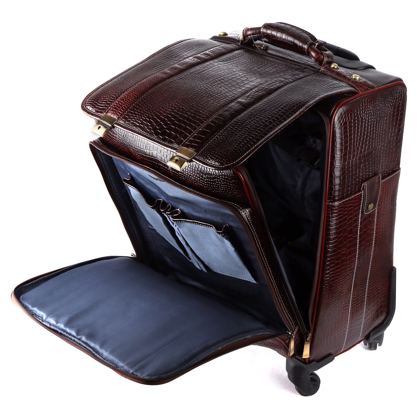 Brown Leather Trolley Bag for Flight Leather Weekender Leather Luggage with Wheels