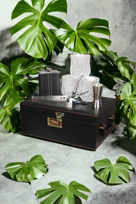 Vegan Leather Black Elegant Bar Set | Portable Leatherette Briefcase Bar Set | Bar Set For Travel Bar Set for Picnic Bar Set for Gift