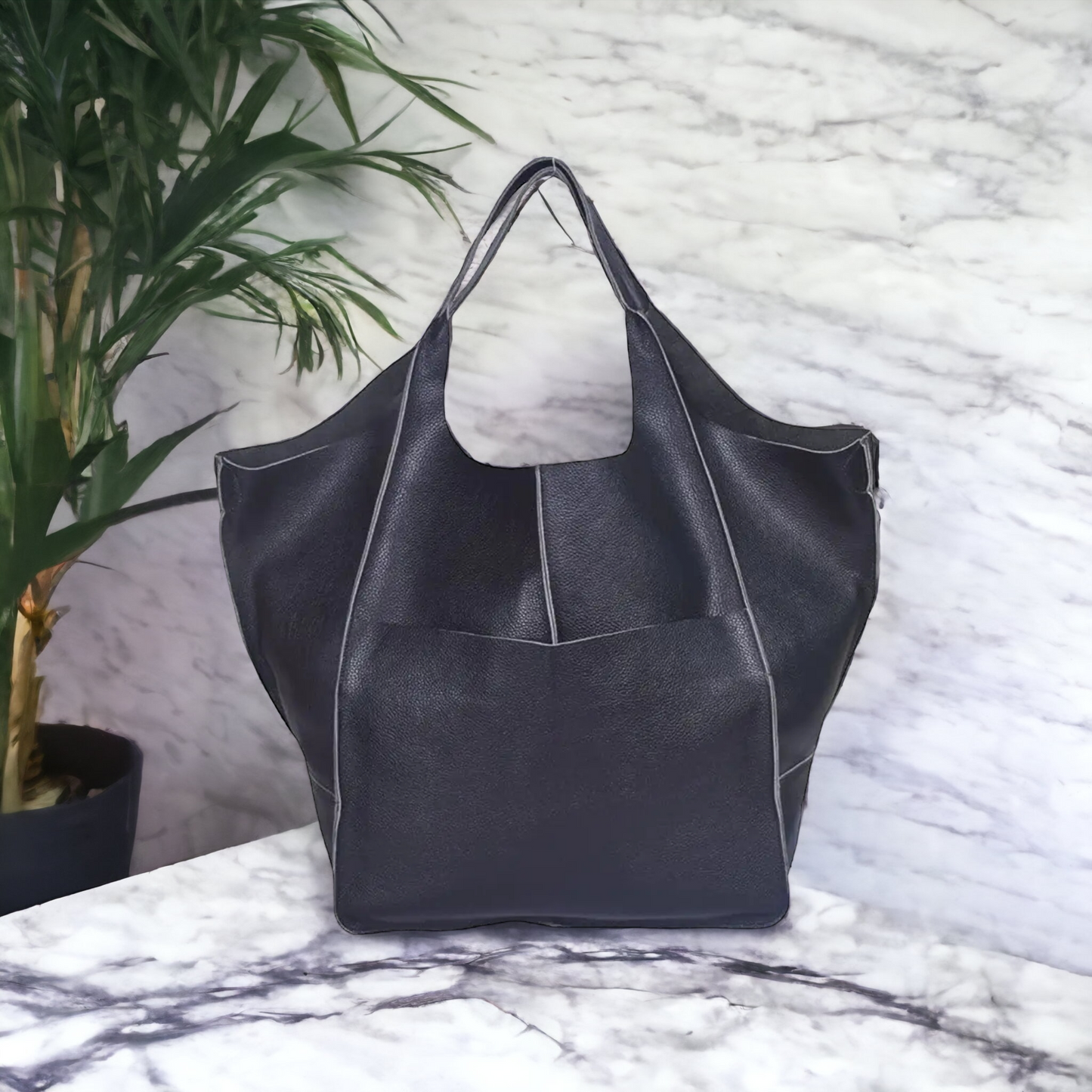 BLACK Leather HOBO Bag Large Shopper Bag Oversized Black 