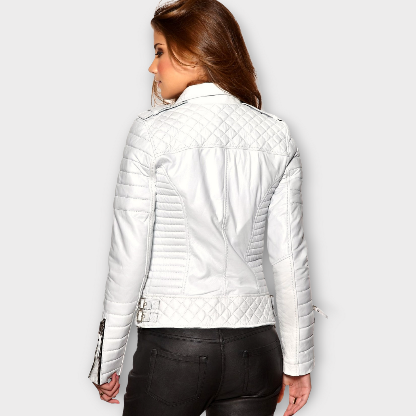Lambskin Leather Bomber Jacket For Women Quilted Leather Jacket White Leather Biker Jacket For Girls Gift for Women