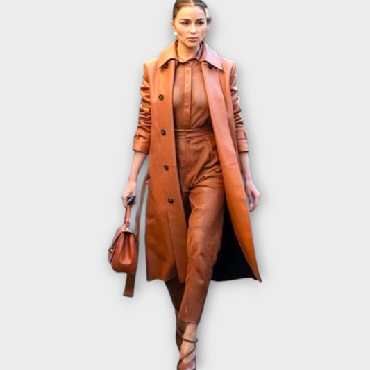 Leather Midi Coat Women Handmade Stylish Trench Coat Lambskin Leather Trench Coat Long Leather Coat Tan Leather Coat Trench Overcoat