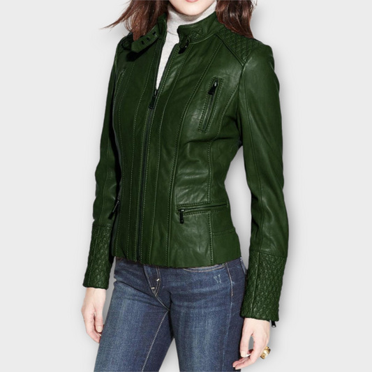 LINDSEY STREET Women's Lambskin Leather Ladies Jacket Biker Motorcycle Slim Fit Green Leather Jacket for Girls Gift for Her Birthday Gift