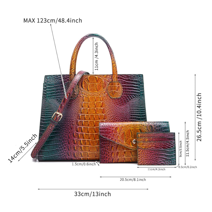 3 Pcs Crocodile Pattern Handbag & Purses Set, Multi-functional Top Handle Crossbody Bag, Clutch Purse and Card Holder
