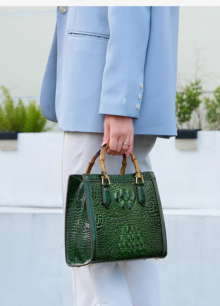 Crocodile Pattern Leather Women's Handbags Bamboo Handle Portable Tote Bag Mom Tide Shoulder Messenger Bags 2025 New Fashion