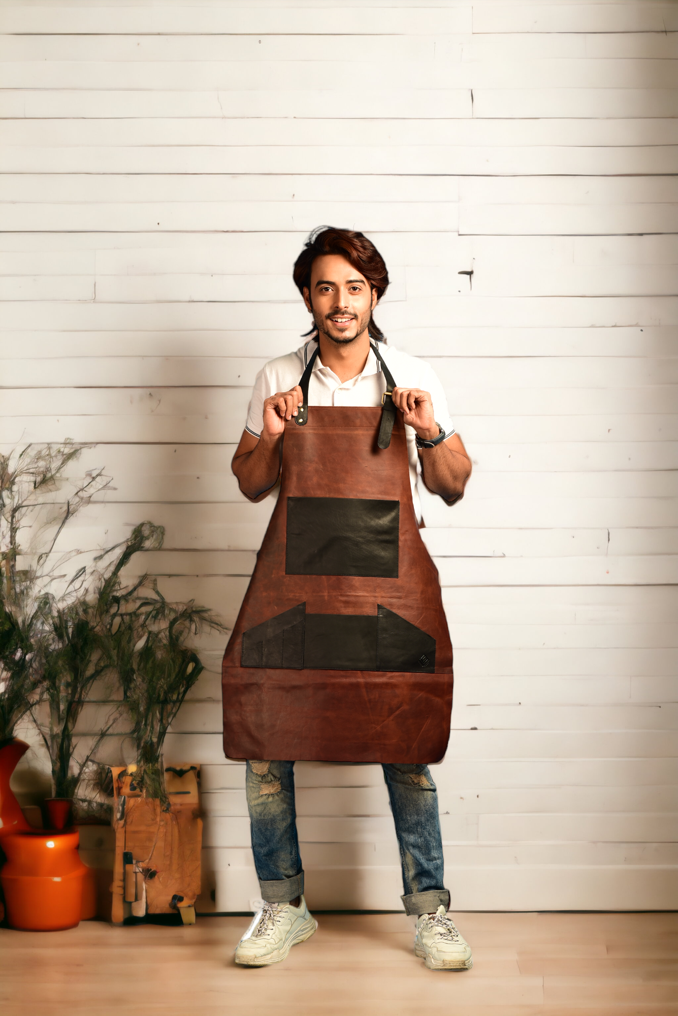 Distressed Multi Pocket Leather Apron Brown Top Grain Leather Butchers Apron For Hobbyists Woodwork Blacksmith with Pockets - LINDSEY STREET