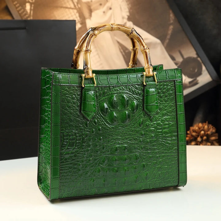 Crocodile Pattern Leather Women's Handbags Bamboo Handle Portable Tote Bag Mom Tide Shoulder Messenger Bags 2025 New Fashion
