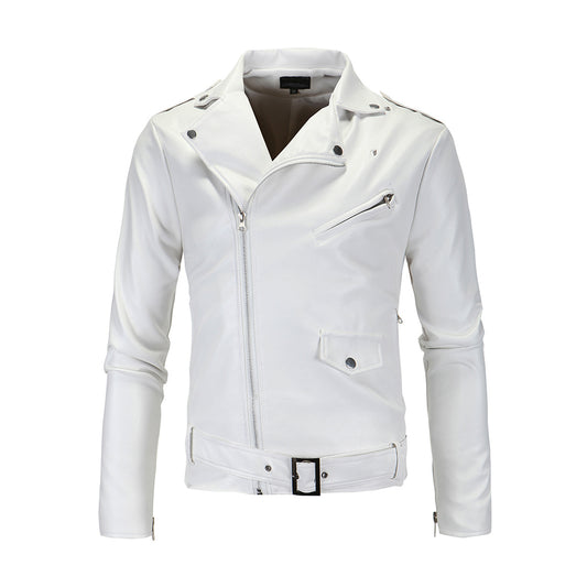 White Leather Jacket for Men White Rider Biker Belted Lambskin Motorcycle Jacket Soft Leather Slim Fit Casual Jacket