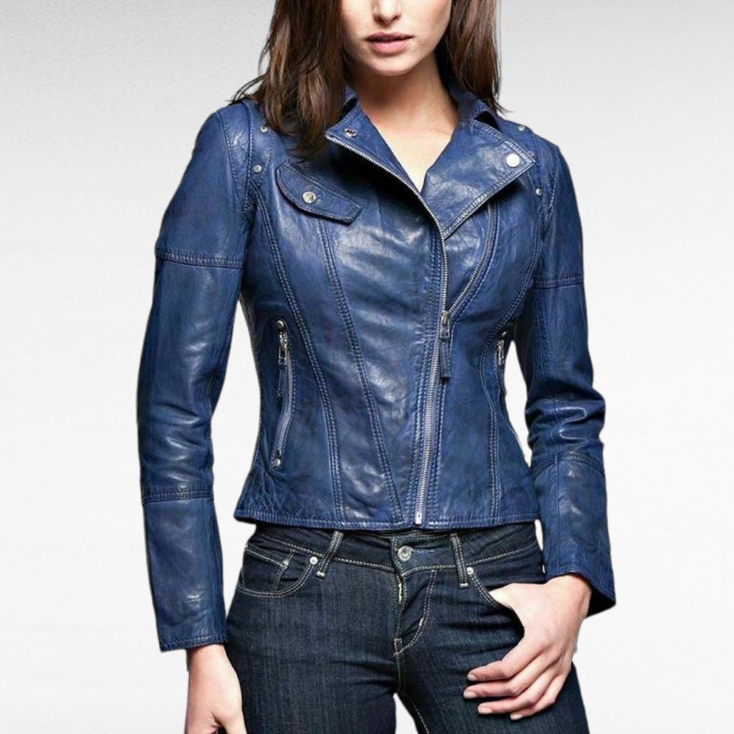 LINDSEY STREET Women's Lambskin Leather Ladies Jacket Biker Motorcycle Slim Fit Blue Jacket for Girls Gift for Her