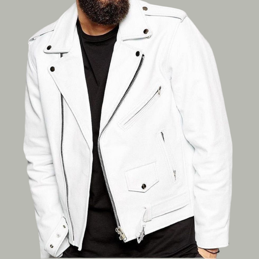White Leather Jacket for Men Lambskin Motorcycle Jacket with Belt Soft Leather Casual Jacket for Men Biker