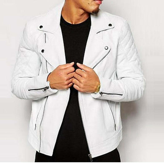 White Leather Jacket for Men White Rider Biker Belted Lambskin Motorcycle Jacket Soft Leather Slim Fit Casual Jacket