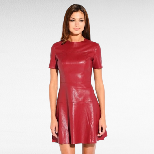 LINDSEY STREET Women Fashion Leather A-Line O-Neck Red Dress Casual Mini Dress Short Sleeve Sexy Casual Dress