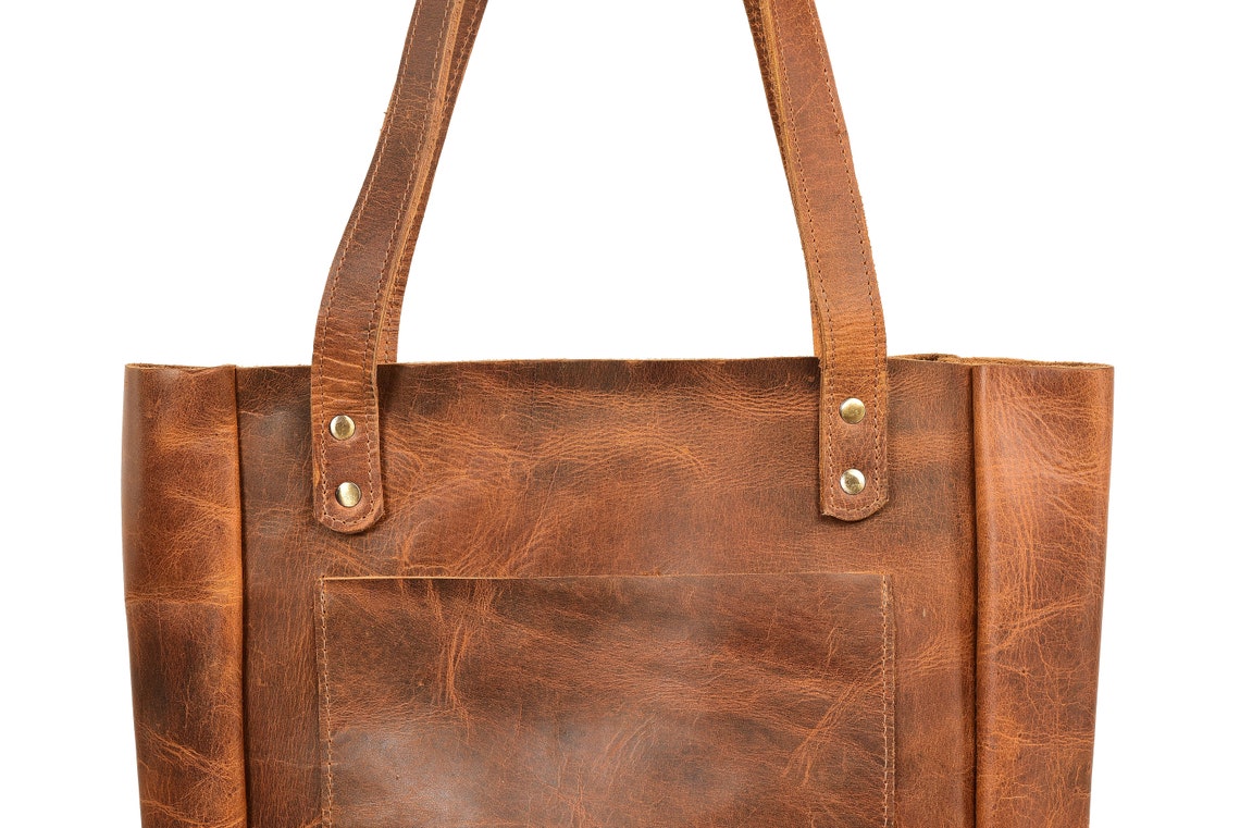 Genuine Leather Tote Bag Leather Anniversary Wedding Gift for Women Raw Edge Leather Purse Custom Gift for Her Cognac Brown Everyday Tote