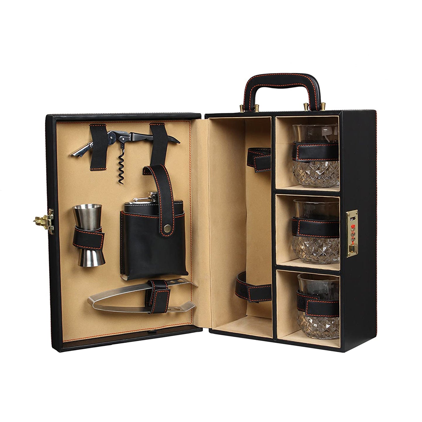Vegan Leather Black Elegant Bar Set | Portable Leatherette Briefcase Bar Set | Bar Set For Travel Bar Set for Picnic Bar Set for Gift