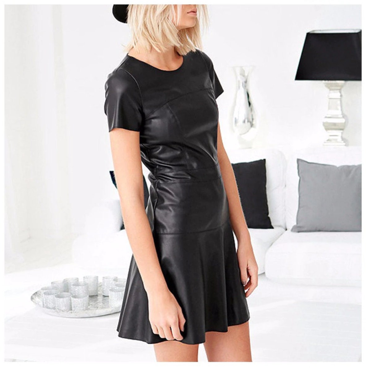 LINDSEY STREET Women Fashion Leather A-Line O-Neck Black Dress Casual Mini Dress Short Sleeve Sexy Casual Dress