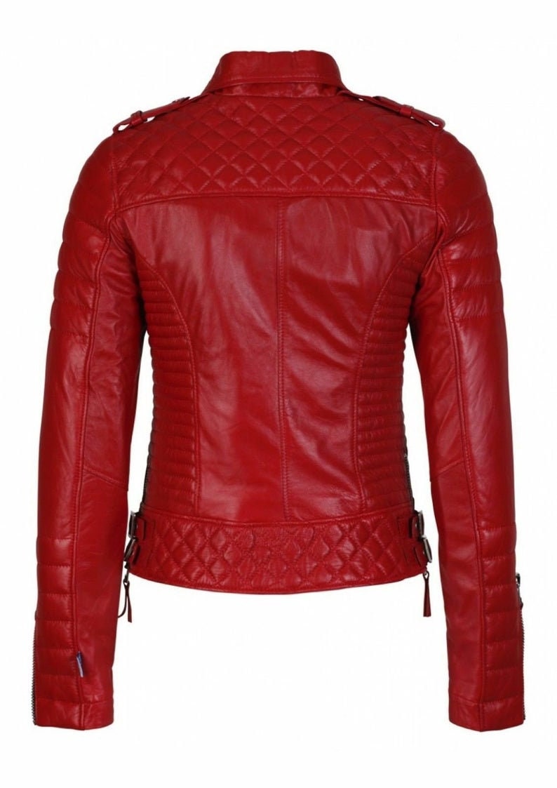LINDSEY STREET Women's Lambskin Leather Ladies Jacket Biker Motorcycle Slim Fit Red Leather Jacket for Girls Gift for Her Birthday Gift