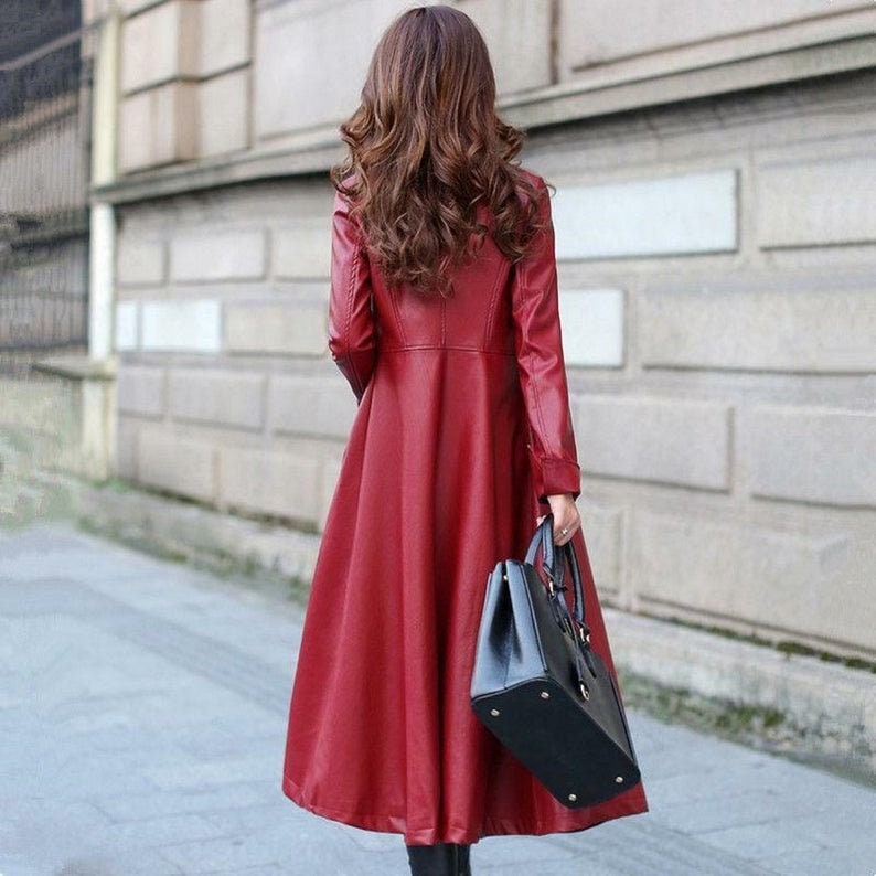 LINDSEY STREET Midi Coat Women, Leather Coat Women, Leather Trench Coat, Coat With Pockets, RED Leather Coat