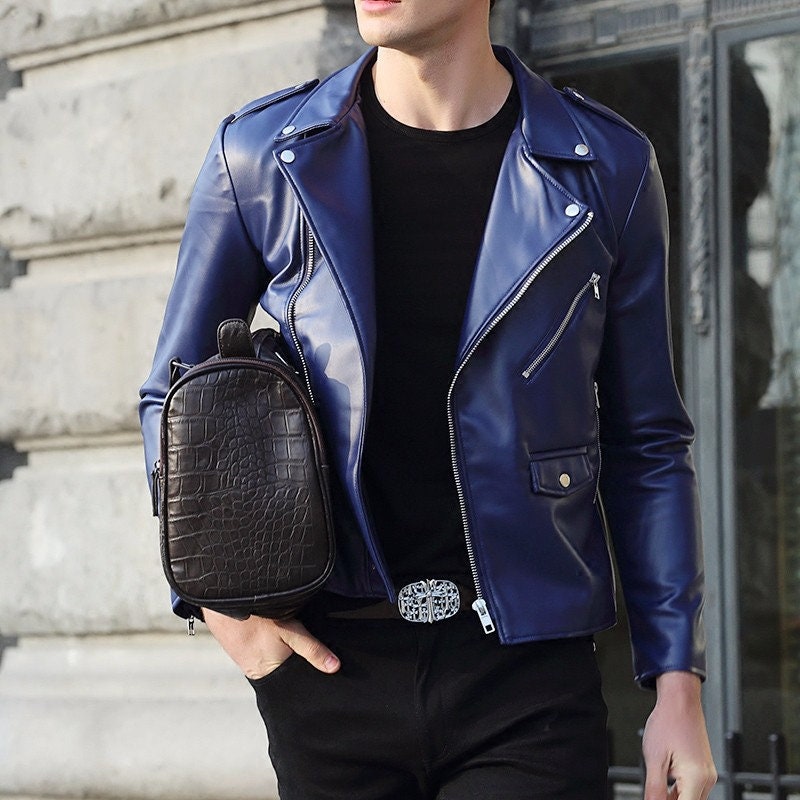 Premium Quality Soft Lambskin Blue Leather jacket for Mens Soft Leather Biker jacket for Men Gift for Him Stylish Leather Jacket