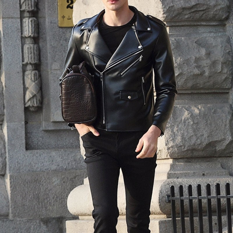 Urban Fashion Studio Men's Biker Style Lambskin Leather Jacket