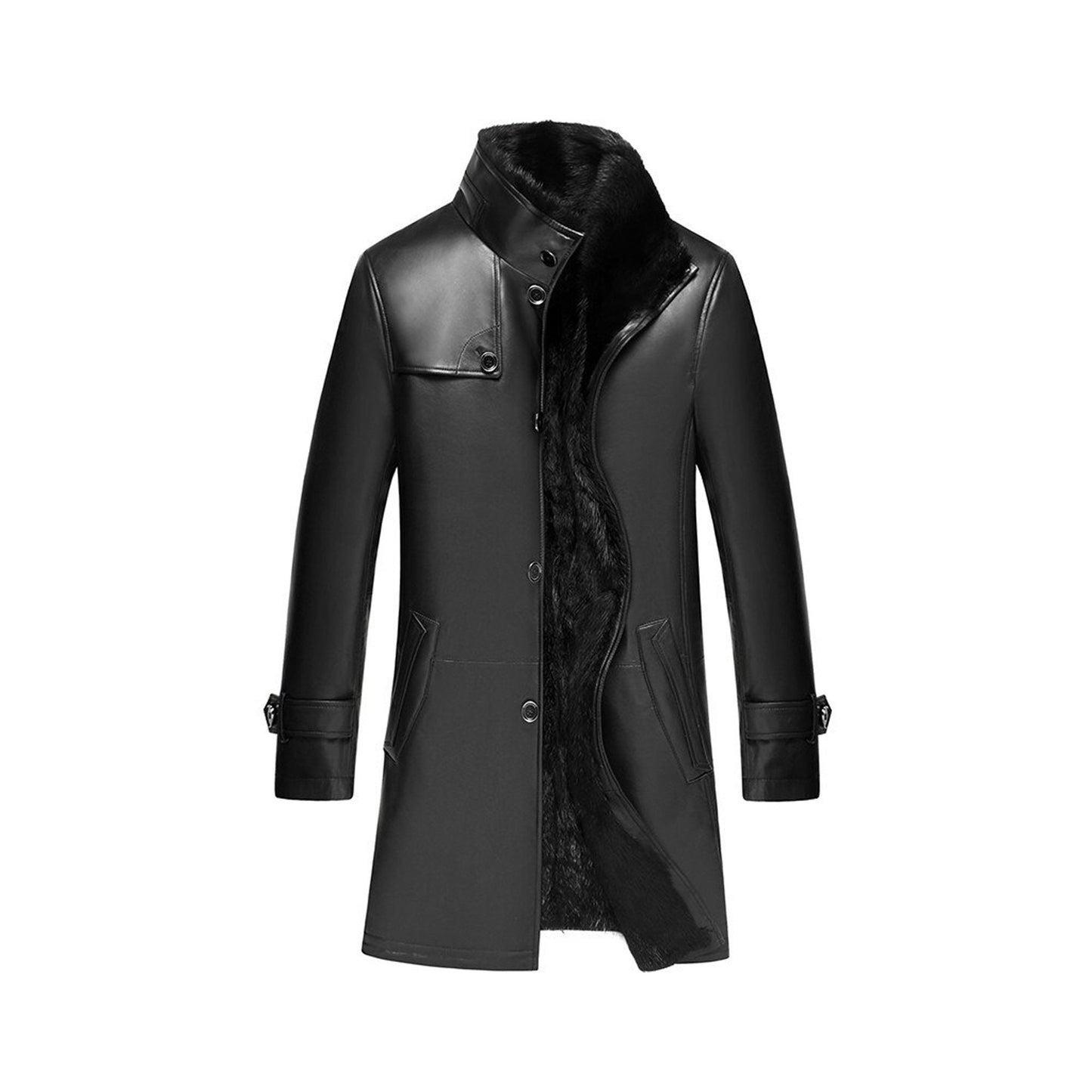 Premium Quality Leather Long Jacket for Mens Sheep Skin Leather Jacket with Woolen Lining Fur Collar Leather Jacket Mens Leather Overcoat
