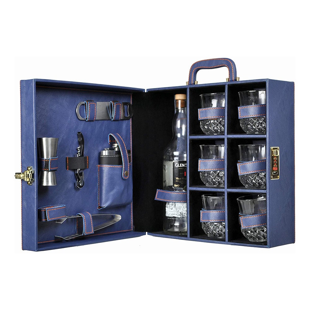 Blue Vegan Leather Large Premium Portable Bar Set With 6 Glasses Leatherette Bar Set for Travel Gifts for Men Bar Set For Car Picnic Bar Set