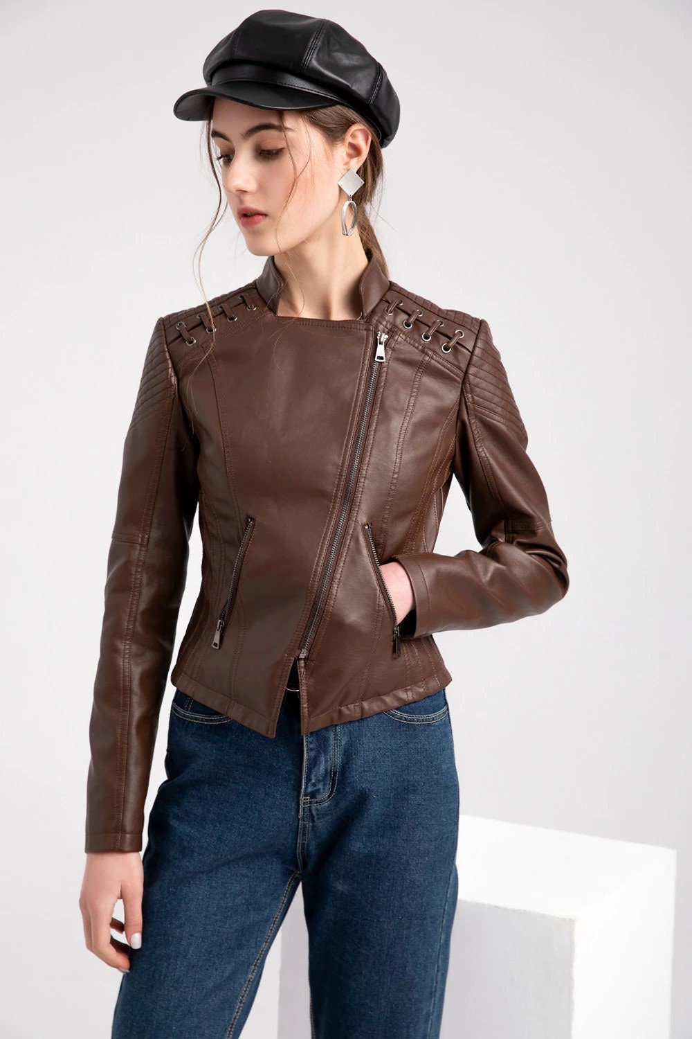 Lambskin Leather Jacket For Women's Biker Jacket Brown Leather Cropped Jacket Leather Coat Slim Fit Leather Jacket | Gift for Women