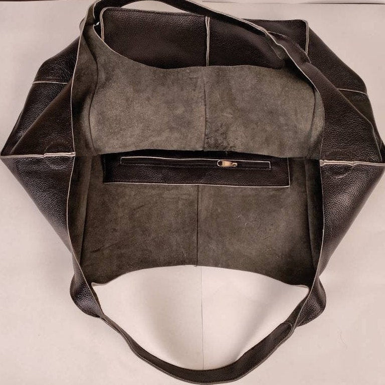 Black Oversize Leather Tote Bag, Big Purse, Shopping Shoulder