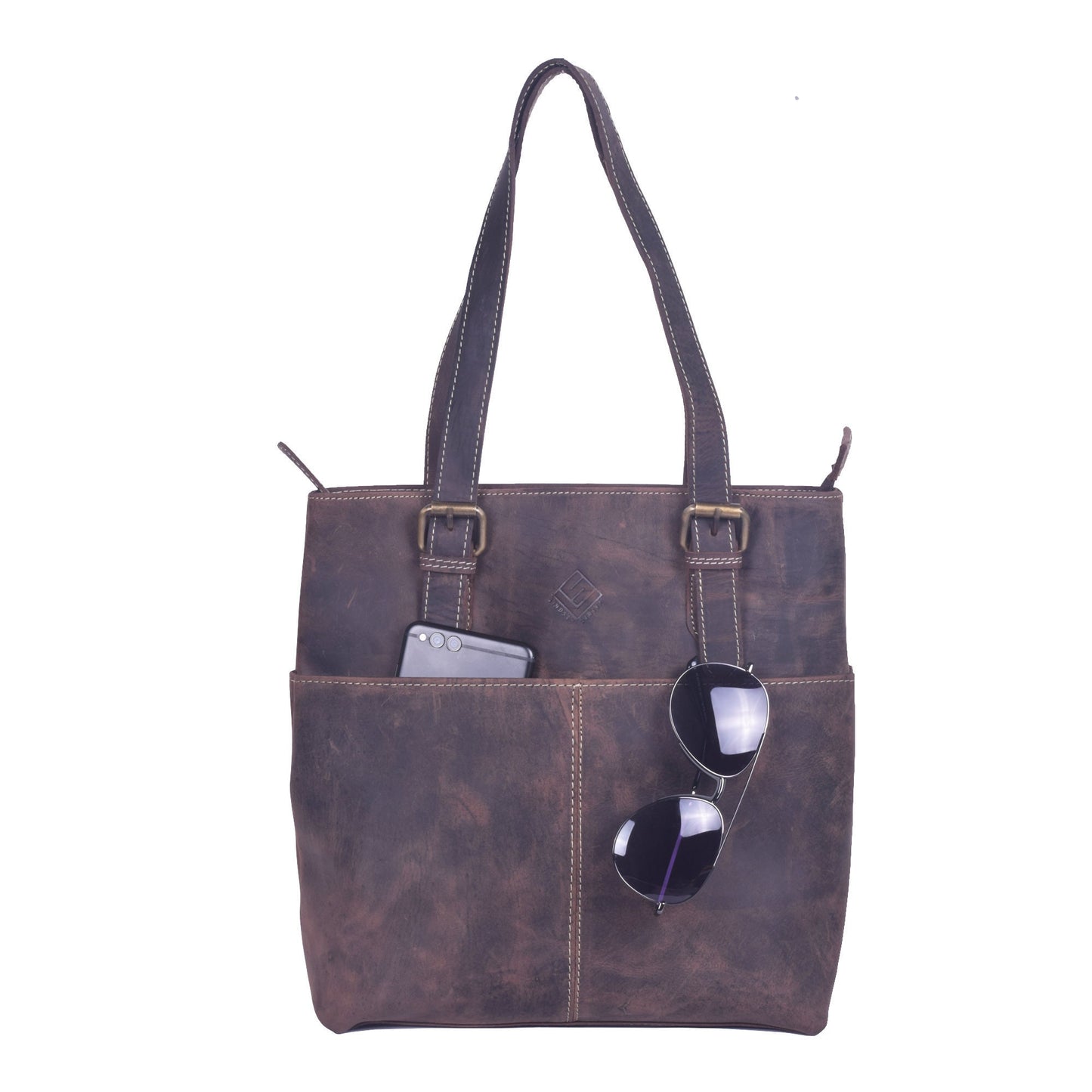 Dark Brown Distress Hunter Leather Tote Bag for Women , Office Tote Bag Everyday Leather Tote Shoulder Bag with Pockets Daily Use Tote Purse