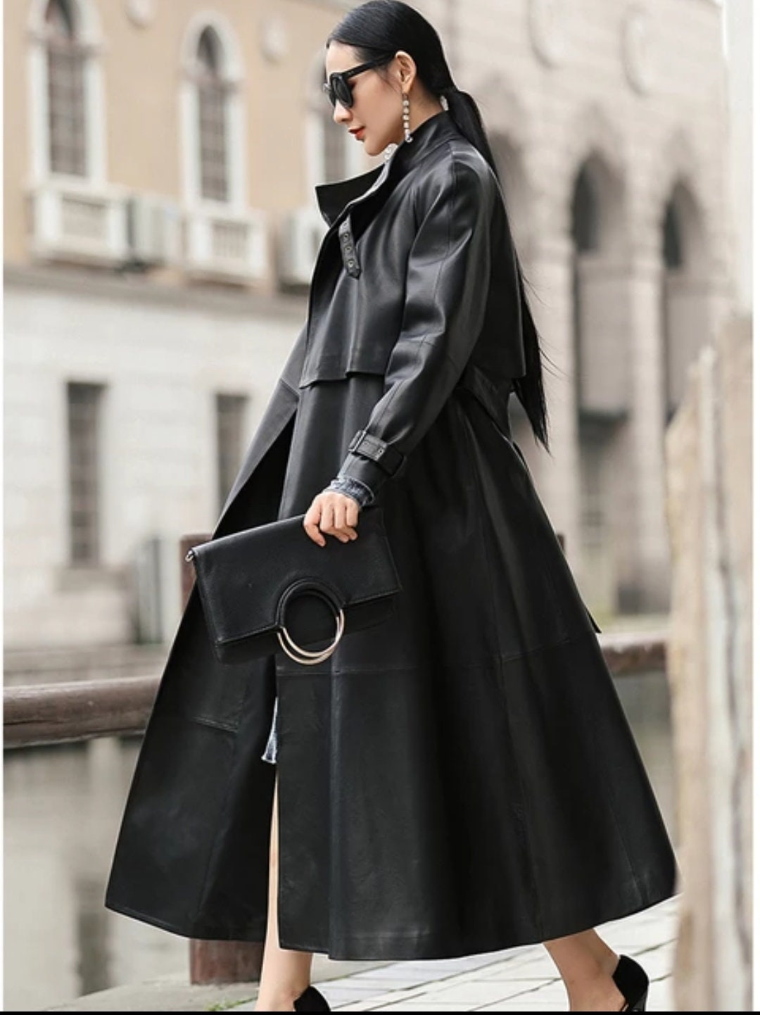 Black Leather Midi Coat for Women Handmade Stylish Trench Coat Lambskin Leather Trench Coat Long Leather Coat Leather Trench Overcoat