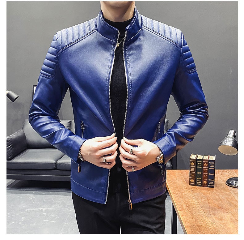 Genuine Leather Jacket for Men Blue  Biker Jacket Lambskin Motorcycle Jacket Soft Leather Casual Jacket for Mens Biker Jacket