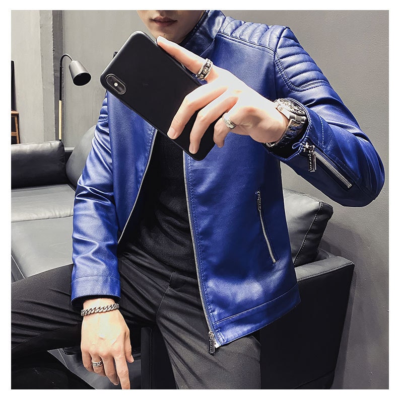 Genuine Leather Jacket for Men Blue  Biker Jacket Lambskin Motorcycle Jacket Soft Leather Casual Jacket for Mens Biker Jacket