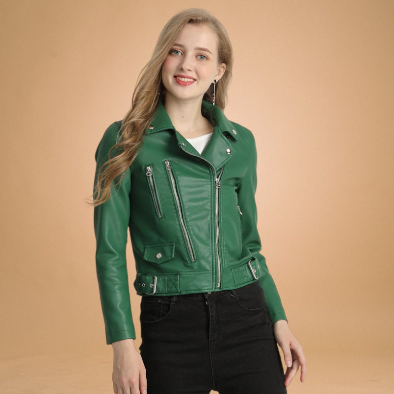 Customized Leather Jacket For Womens Green Leather Jacket Slim Fit Leather Jacket, Gift for Her, Christmas Gift, Soft Leather Biker Jacket