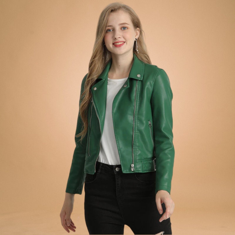 Customized Leather Jacket For Womens Green Leather Jacket Slim Fit Leather Jacket, Gift for Her, Christmas Gift, Soft Leather Biker Jacket