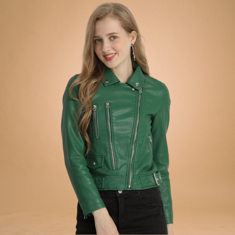 Customized Leather Jacket For Womens Green Leather Jacket Slim Fit Leather Jacket, Gift for Her, Christmas Gift, Soft Leather Biker Jacket