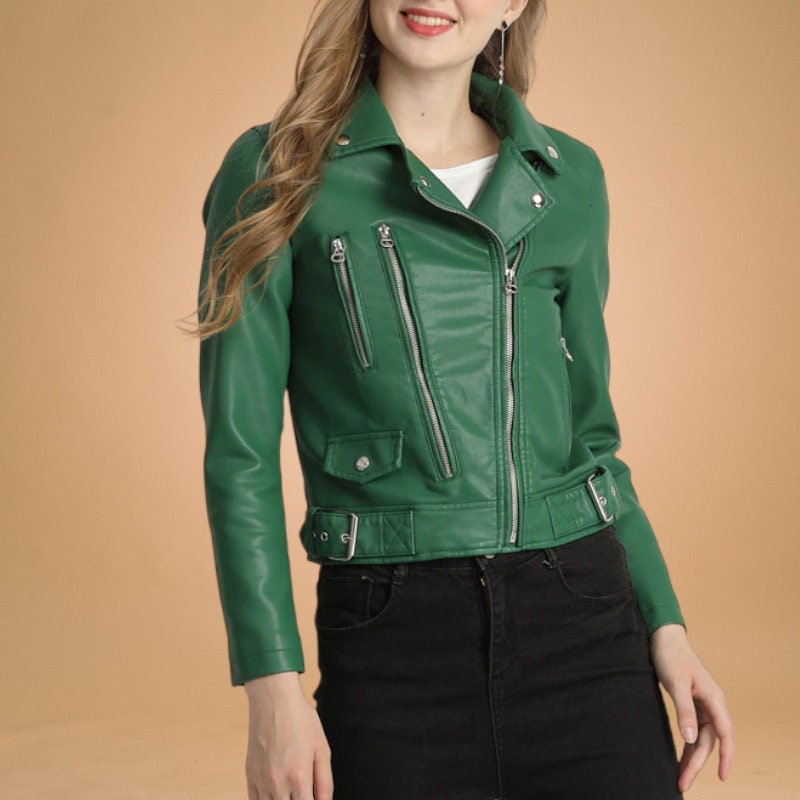 Customized Leather Jacket For Womens Green Leather Jacket Slim Fit Leather Jacket, Gift for Her, Christmas Gift, Soft Leather Biker Jacket